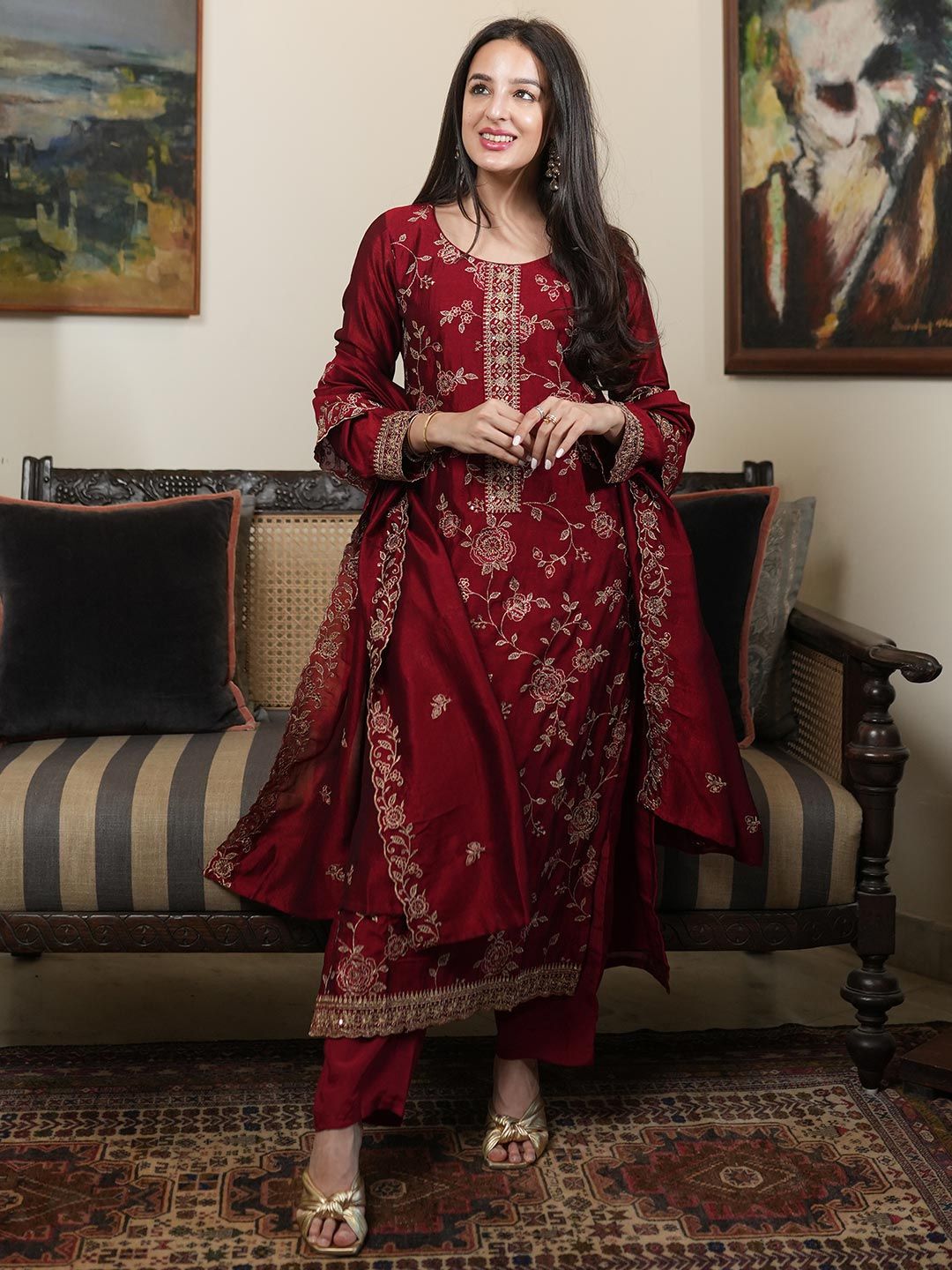 Libas Women Embroidered Regular Sequinned Kurta with Trousers & With Dupatta
