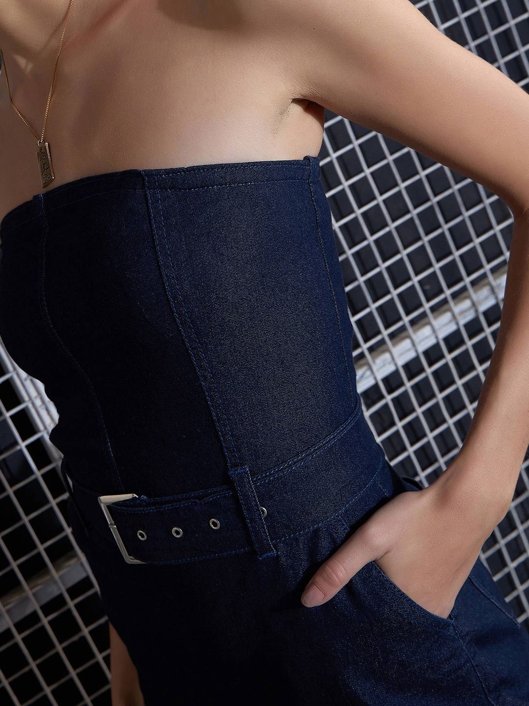 SASSAFRAS Navy Blue Strapless Basic Jumpsuit