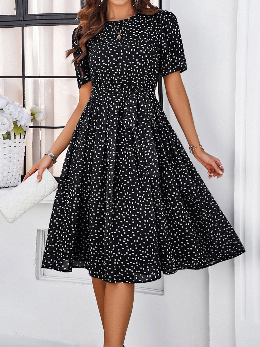 all about you Black Polka Dots Printed Flared Fit & Flare Dress