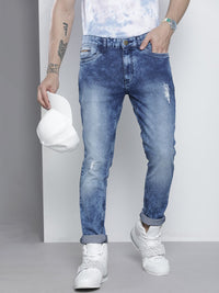 The Indian Garage Co Men Blue Slim Fit Low Distress Light Fade Acid Wash Stretchable Jeans