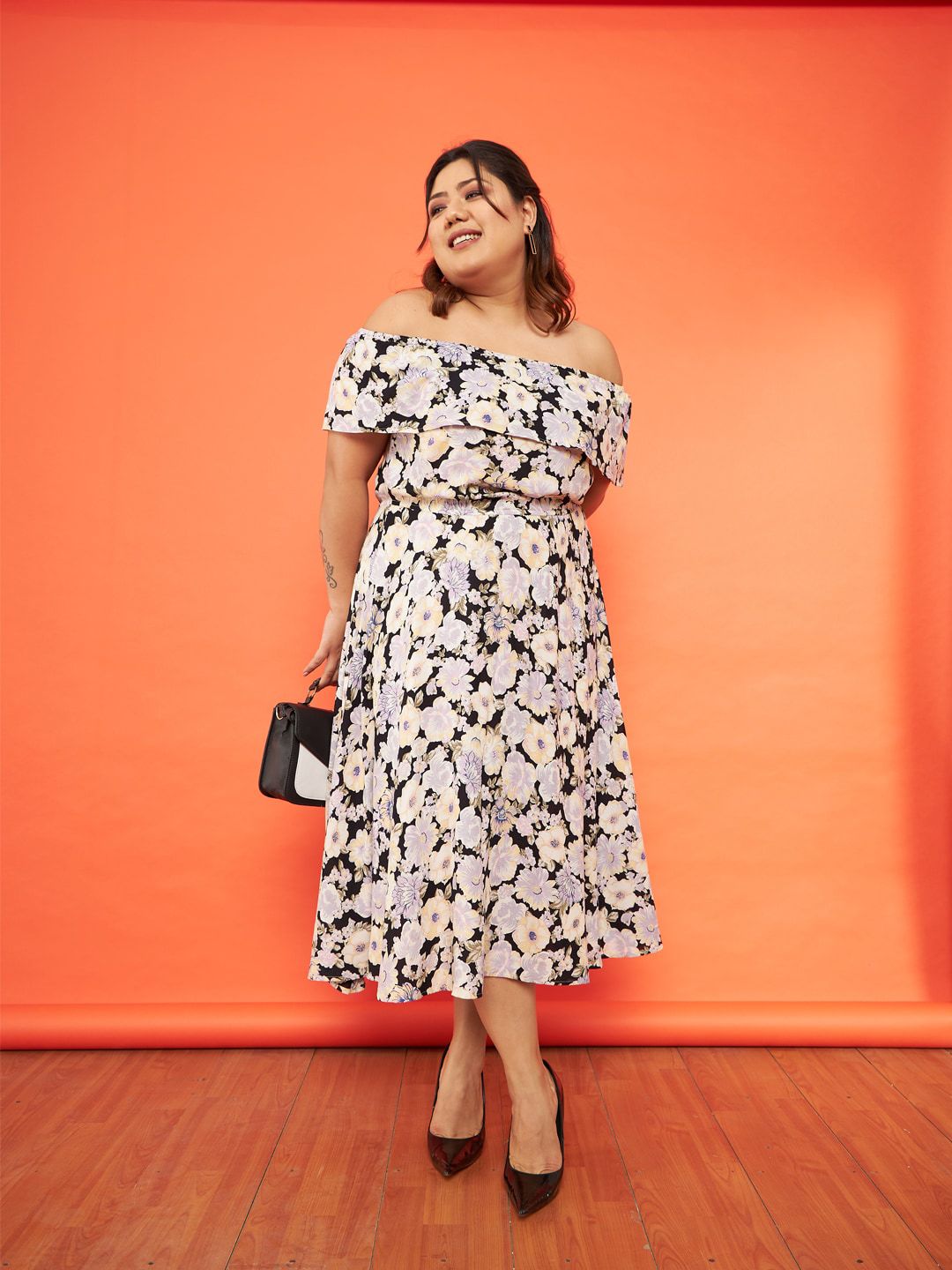 SASSAFRAS Curve Plus Size Floral Printed Off-Shoulder Midi Dress