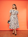 SASSAFRAS Curve Plus Size Floral Printed Off-Shoulder Midi Dress