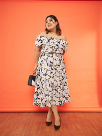 SASSAFRAS Curve Plus Size Floral Printed Off-Shoulder Midi Dress
