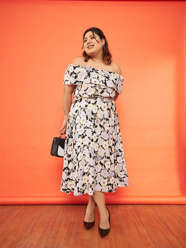 SASSAFRAS Curve Plus Size Floral Printed Off-Shoulder Midi Dress
