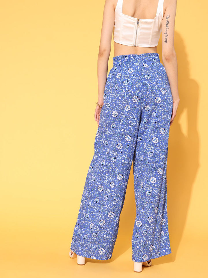 Berrylush Women Elegant Blue Floral Roman Column Trousers