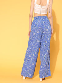 Berrylush Women Elegant Blue Floral Roman Column Trousers