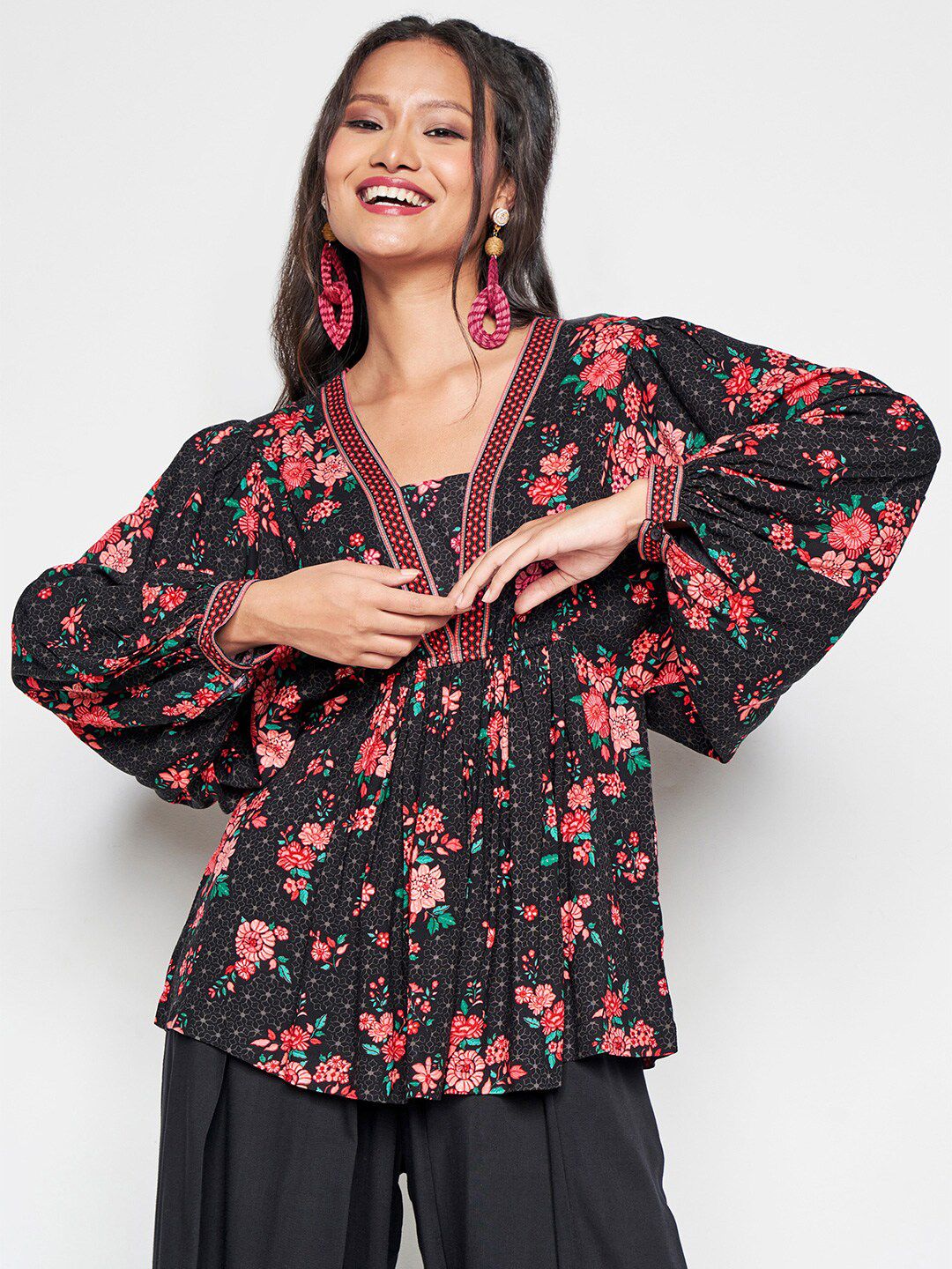 Global Desi Floral Printed Extended Sleeves Top