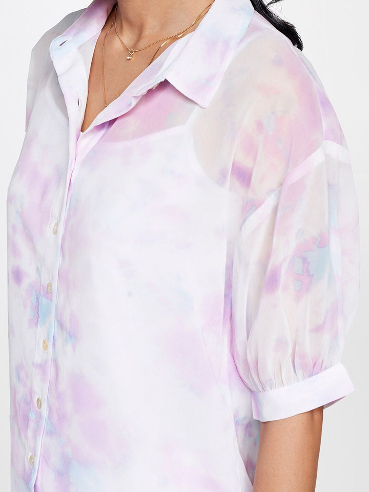 AND Print Semi-Sheer Cuffed Sleeves Shirt Style Top