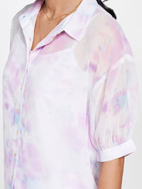 AND Print Semi-Sheer Cuffed Sleeves Shirt Style Top