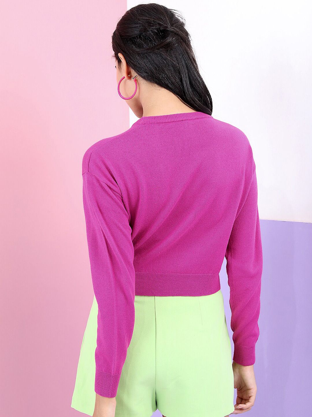 Tokyo Talkies Women Pink & Green Acrylic Floral Jacquard Crop Pullover
