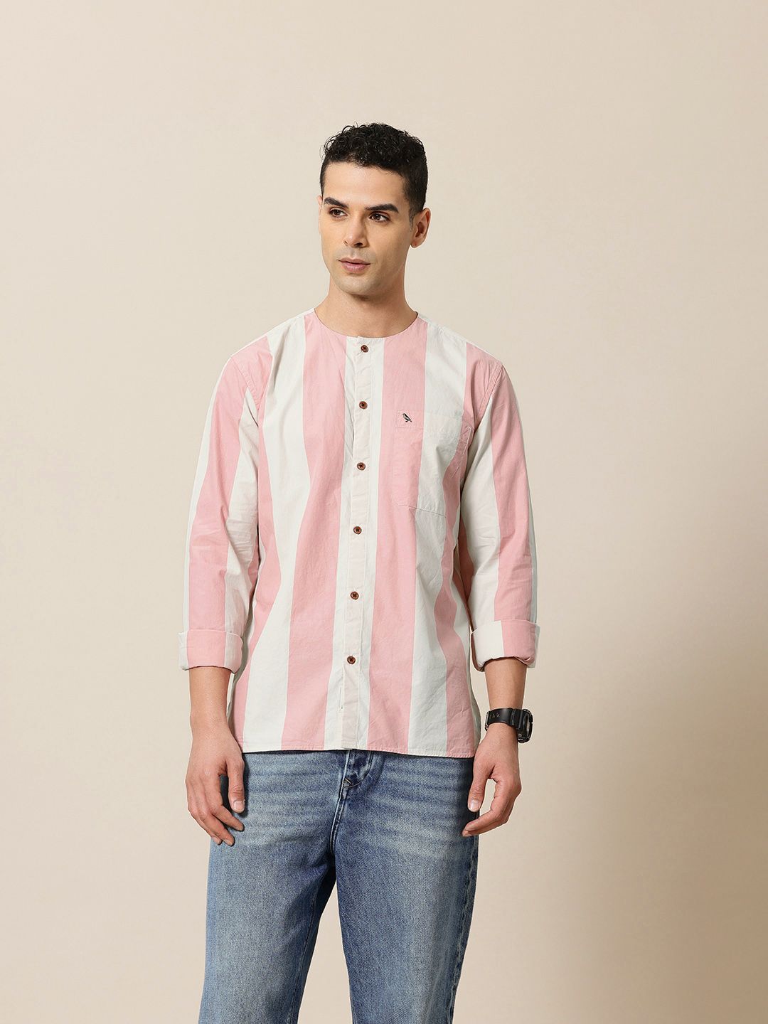 Mr Bowerbird Pure Cotton Collarless Striped Liberal Fit Casual Shirt