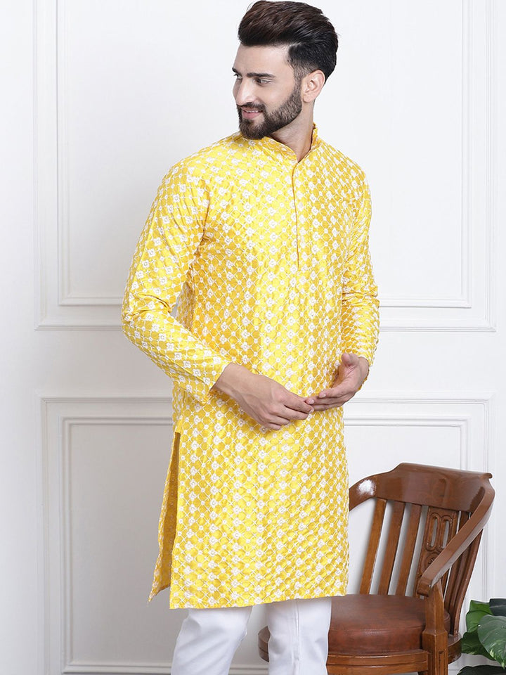 SOJANYA Men Yellow & White Ethnic Motifs Embroidered Straight Kurta