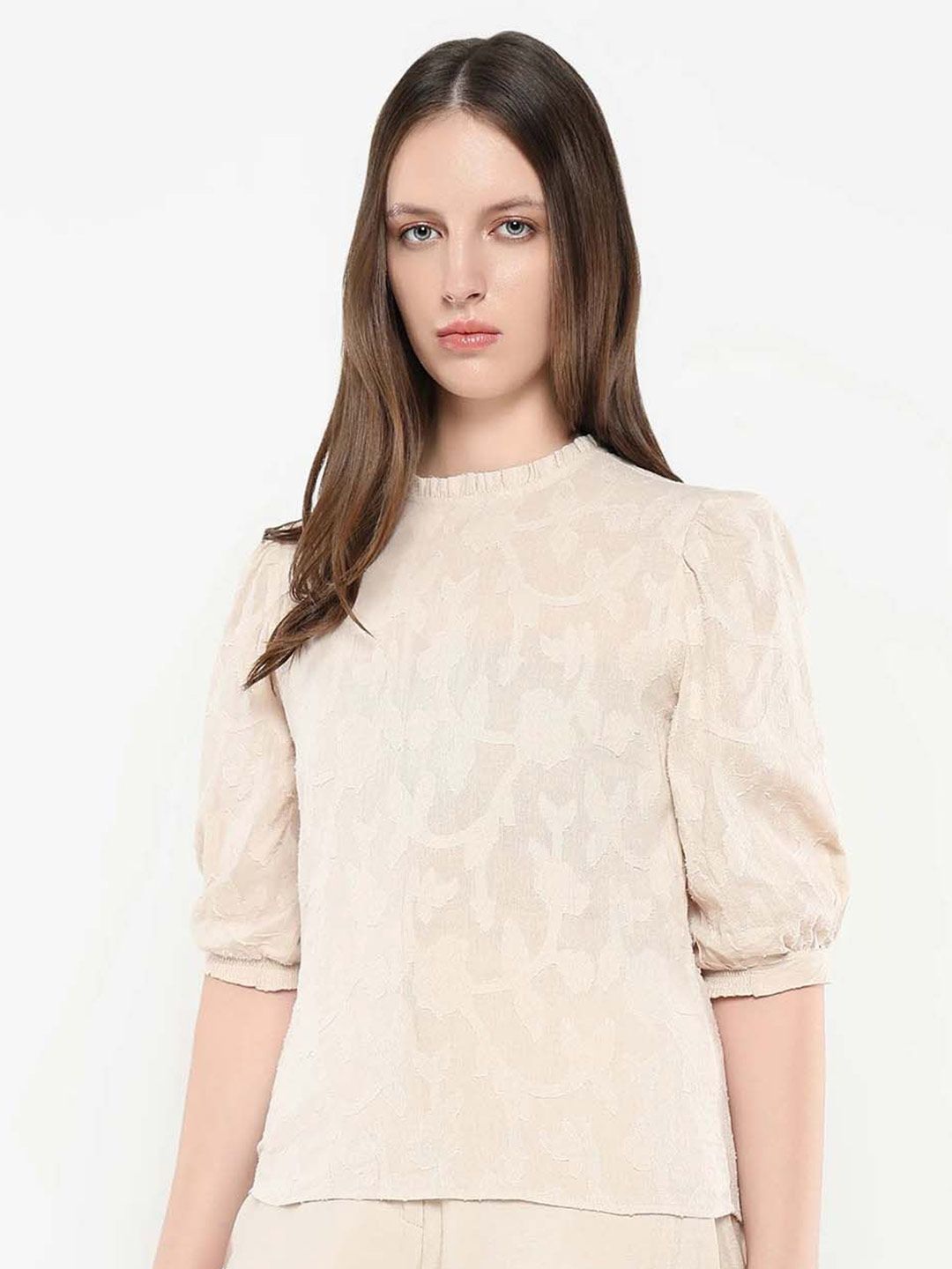 RAREISM Women Self Design Round Neck Cotton Top