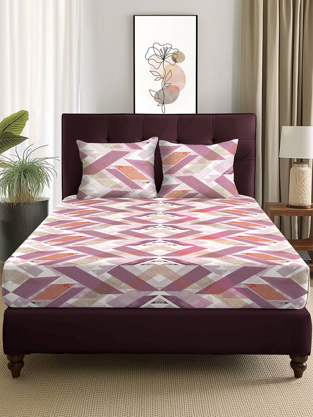 Story@home Arena Pink & White Geometric Printed 180 TC Queen Bedsheet & 2 Pillow Covers