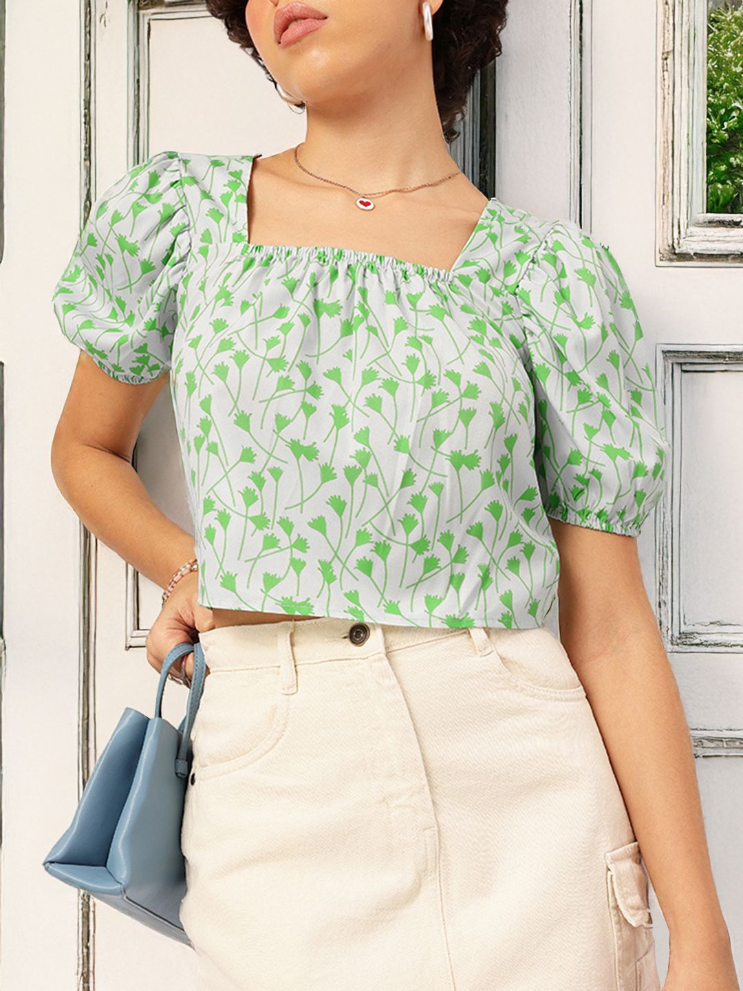 DressBerry Floral Fanatic Printed Pleated Crop Top