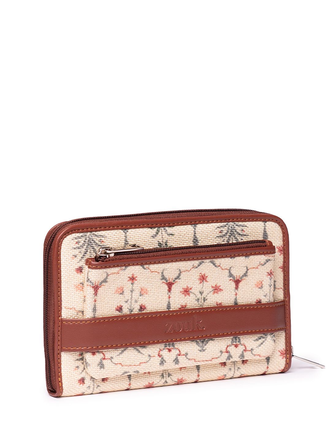 ZOUK Women Cream & Maroon Floral Printed Zip Around Wallet