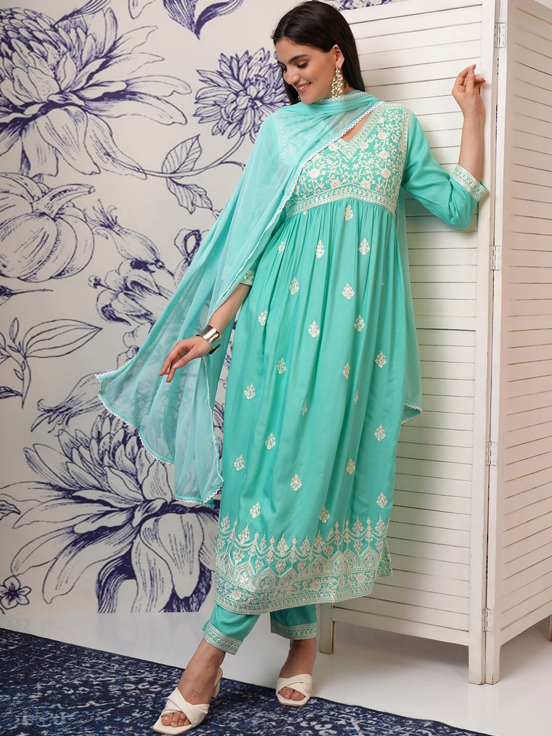 Vishudh Blue Ethnic Motifs Embroidered Sequinned A-Line Kurta With Trousers & Dupatta