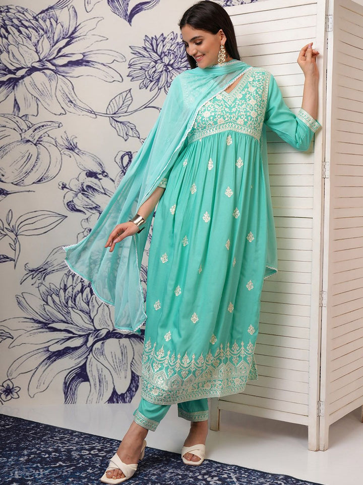 Vishudh Blue Ethnic Motifs Embroidered Sequinned A-Line Kurta With Trousers & Dupatta