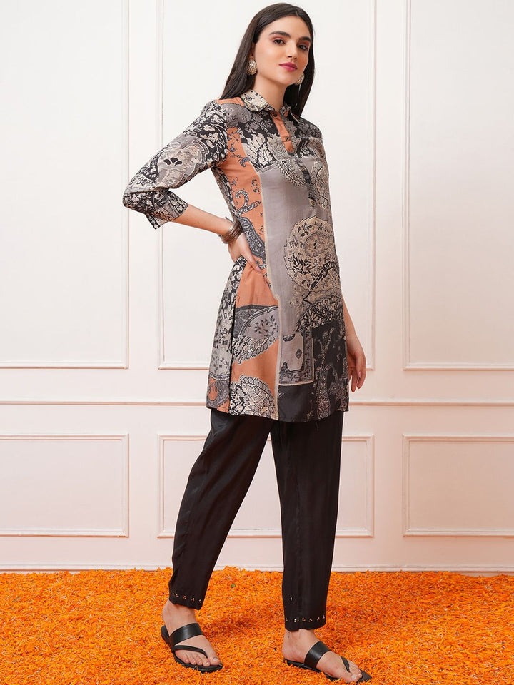 Vishudh Grey Printed Shirt Collar Top With Trousers Co-Ords