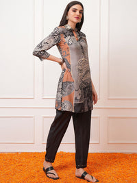 Vishudh Grey Printed Shirt Collar Top With Trousers Co-Ords