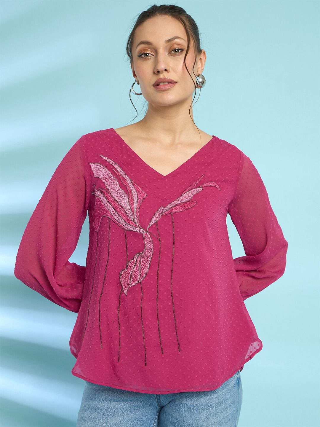 Antheaa Embroidered Dobby Weave Chiffon Top