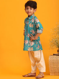 VASTRAMAY Boys Floral Printed Shirt Collar Kurta with Dhoti Pants
