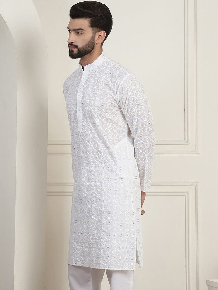SOJANYA Ethnic Motifs Embroidered Mandarin Collar Sequined Pure Cotton Straight Kurta