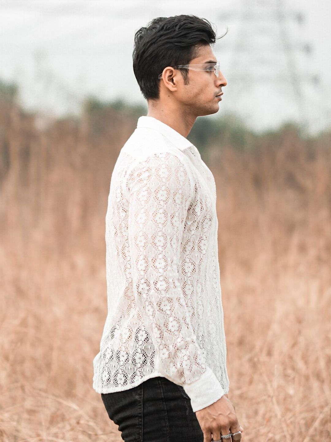 Powerlook White Textured Self Design India Slim Pure Cotton Sheer Crochet Shirt
