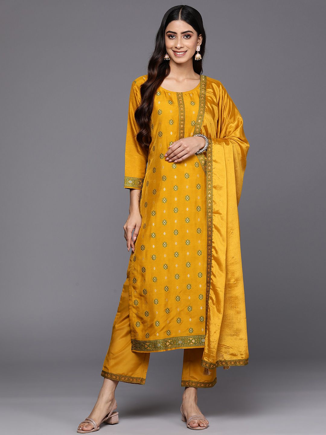 Libas Women Mustard Yellow Floral Kurta with Trousers & With Dupatta