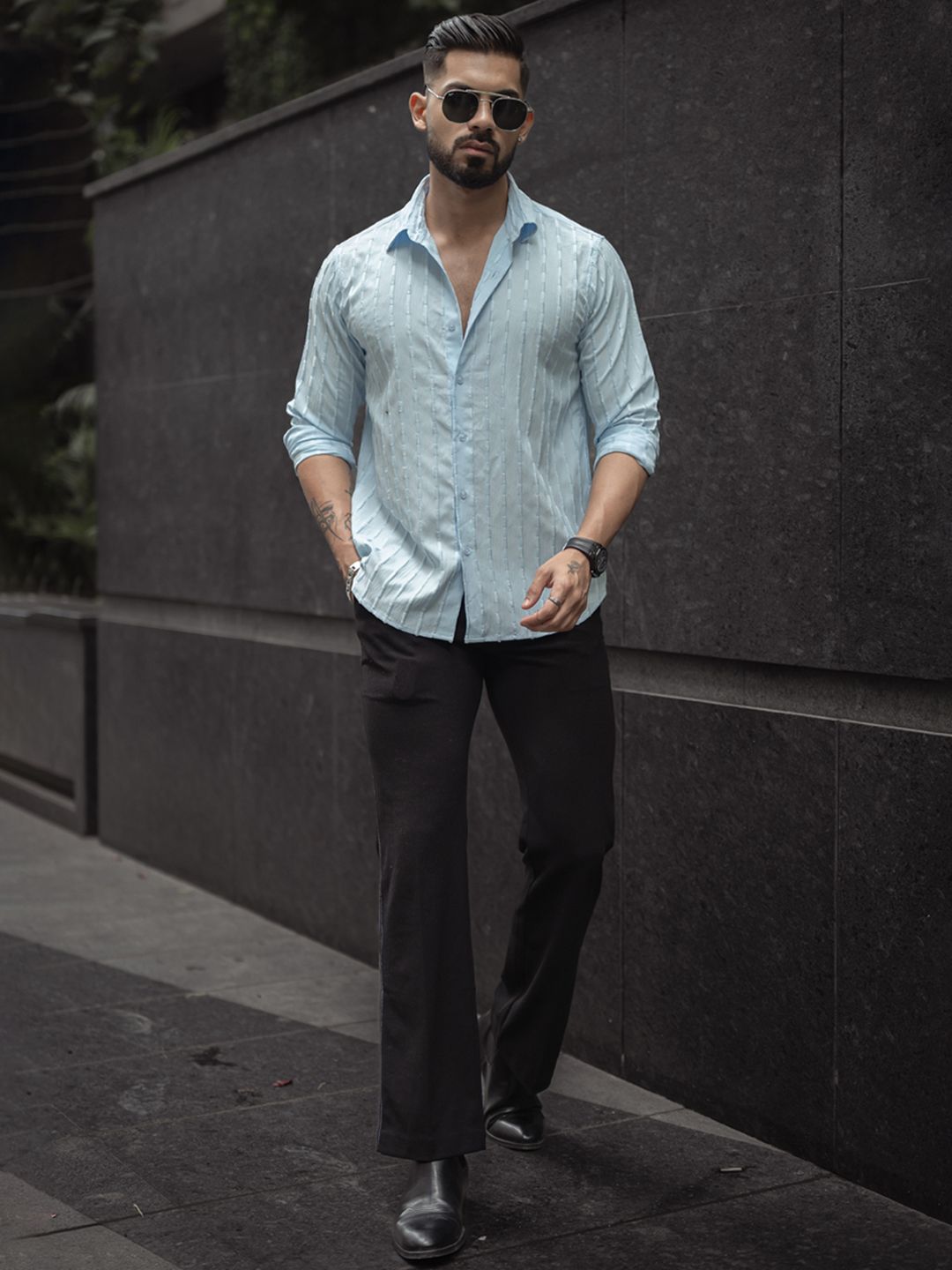 Powerlook Men Spread Collar Vertical Striped Casual Shirt