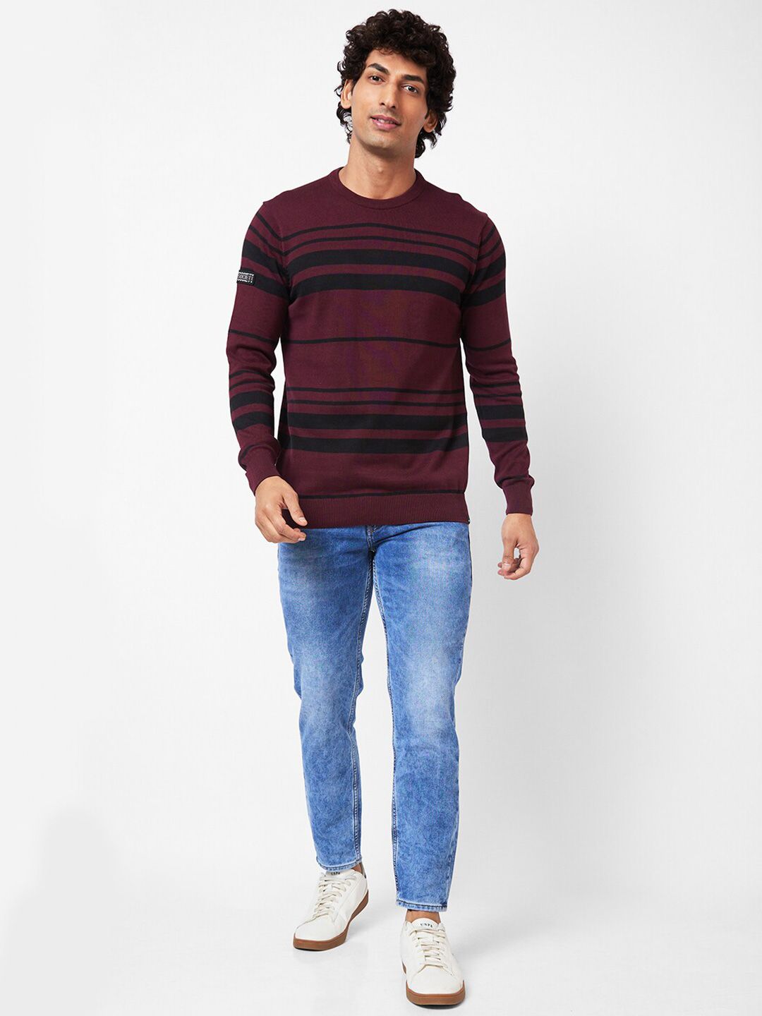 SPYKAR Striped Ribbed Cotton Pullover Sweater
