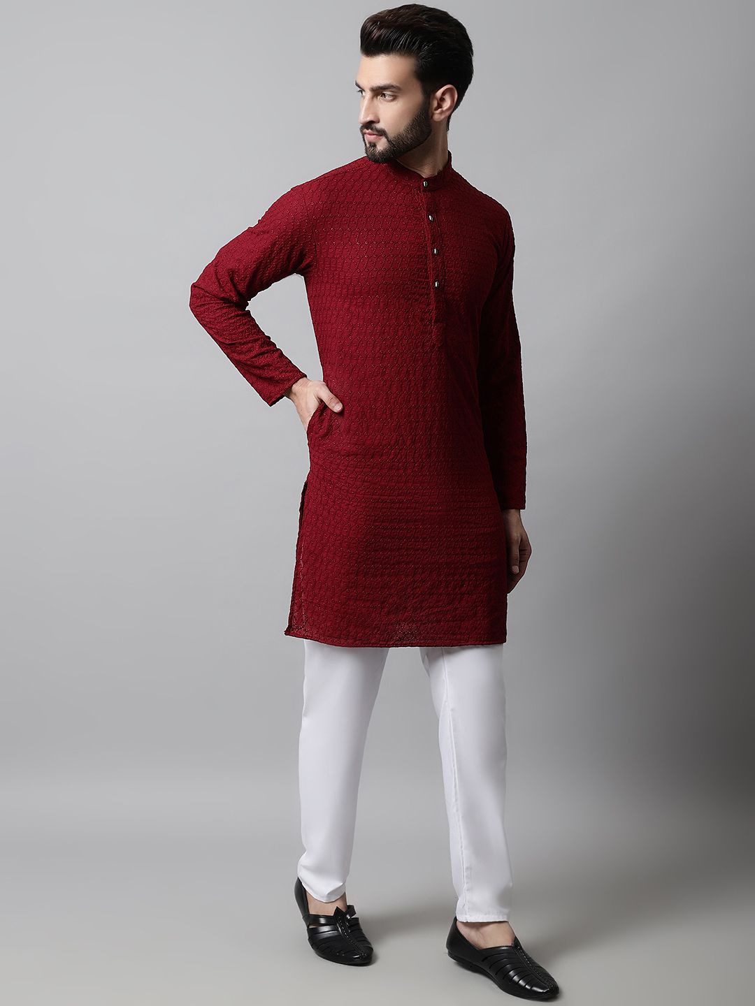 Jompers Men Maroon Embroidered Chikankari Pure Cotton Kurta with Pyjamas