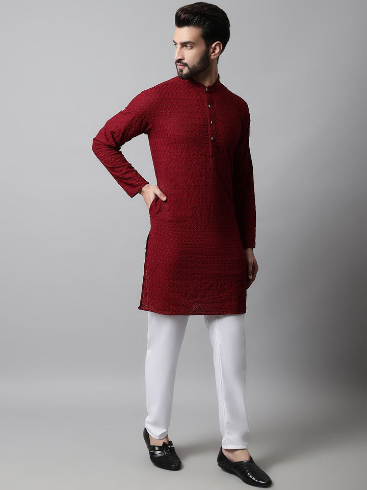 Jompers Men Maroon Embroidered Chikankari Pure Cotton Kurta with Pyjamas