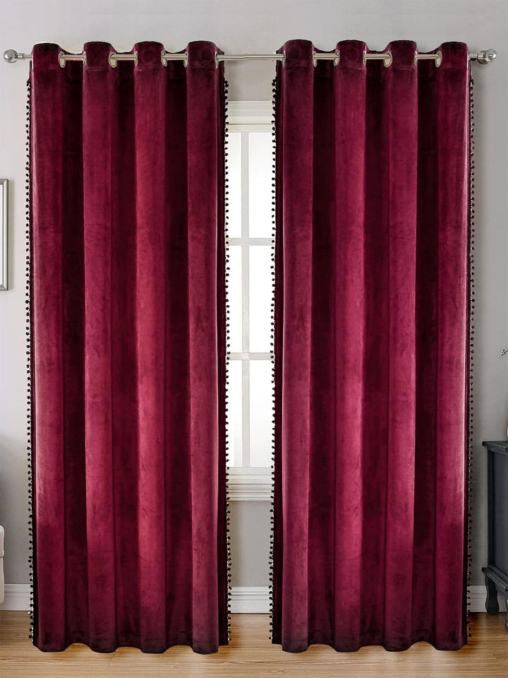 STITCHNEST Maroon 2 Pieces Velvet Black Out Door Curtains