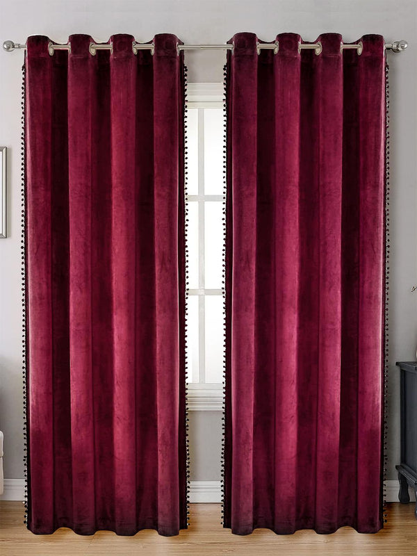 STITCHNEST Maroon 2 Pieces Velvet Black Out Door Curtains