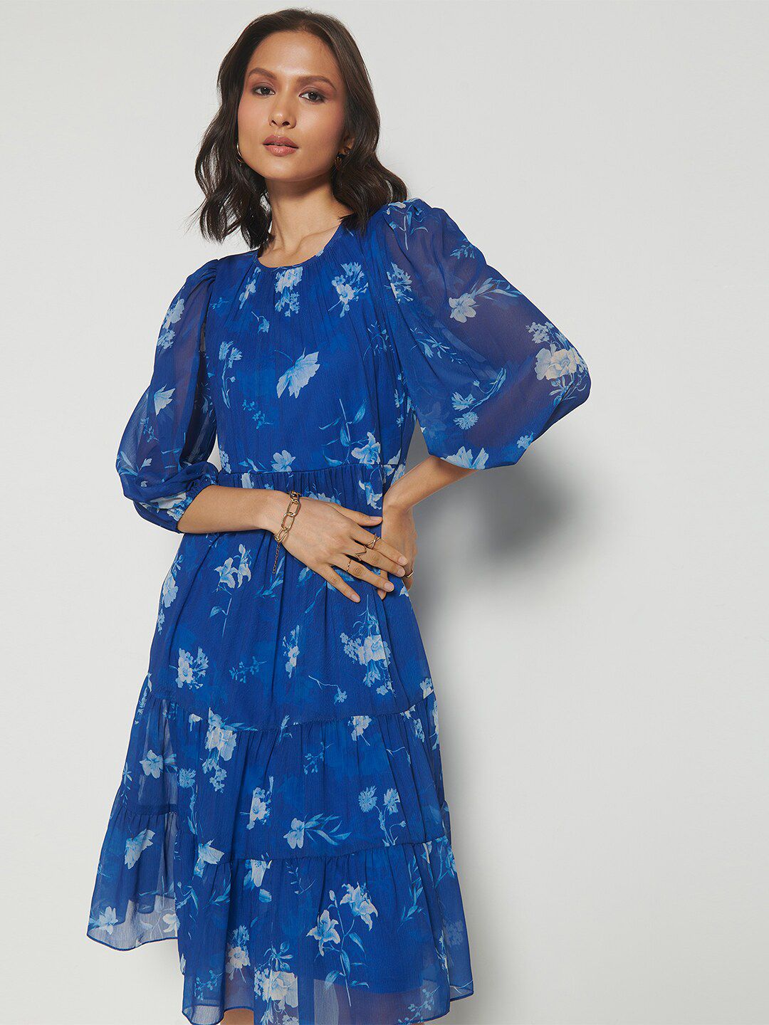 AND Floral Printed Puff Sleeves Gathered Detailed Fit & Flare Dress