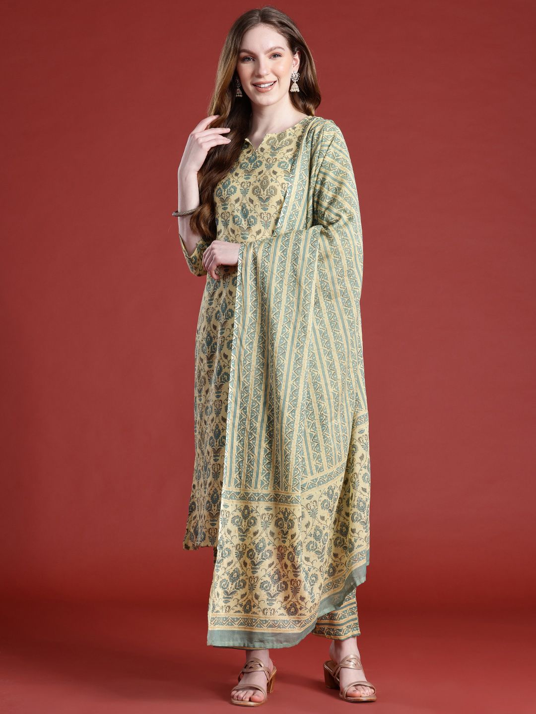 Anouk Ethnic Motifs Printed Cotton Kurta Set With Embellished Detail Dupatta