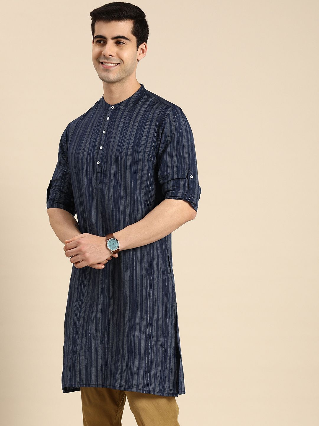 Anouk Men Navy Blue & Gold-Toned Striped Mandarin-Collar Indigo Kurta