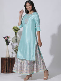 W Floral Yoke Design Thread Work Straight Kurta With Skirt & Dupatta