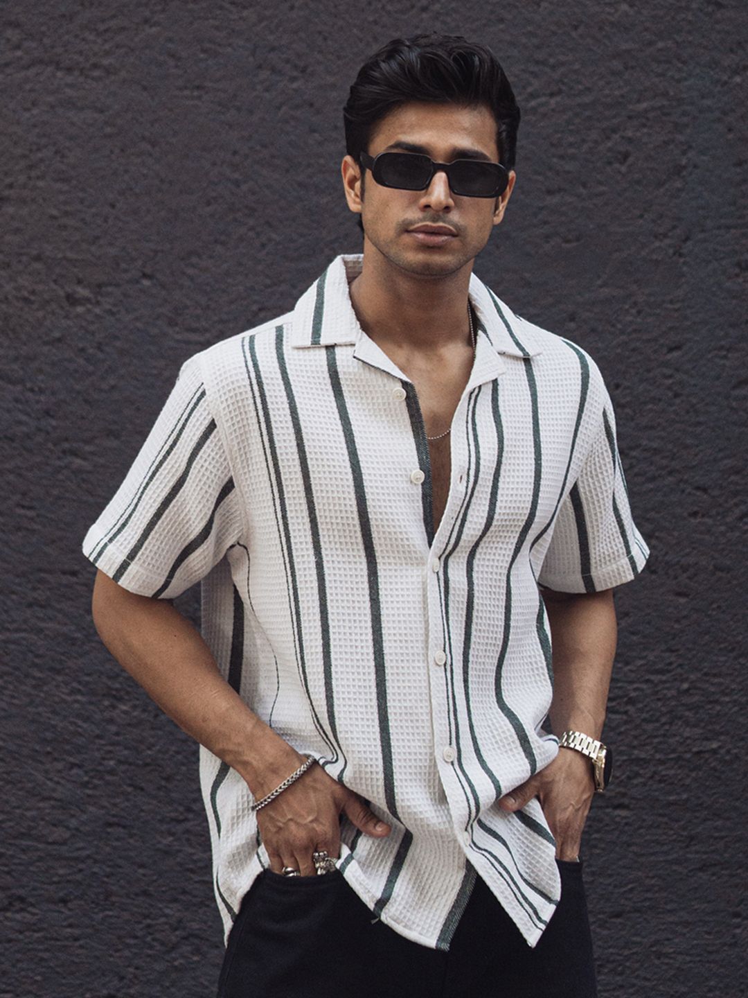 Powerlook Men Multi Stripes Opaque Striped Casual Shirt 02-1039020-S-White and Green