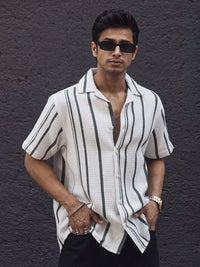 Powerlook Men Multi Stripes Opaque Striped Casual Shirt 02-1039020-S-White and Green