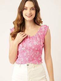 DressBerry Pink & White Floral Print Smocked Empire Crop Top