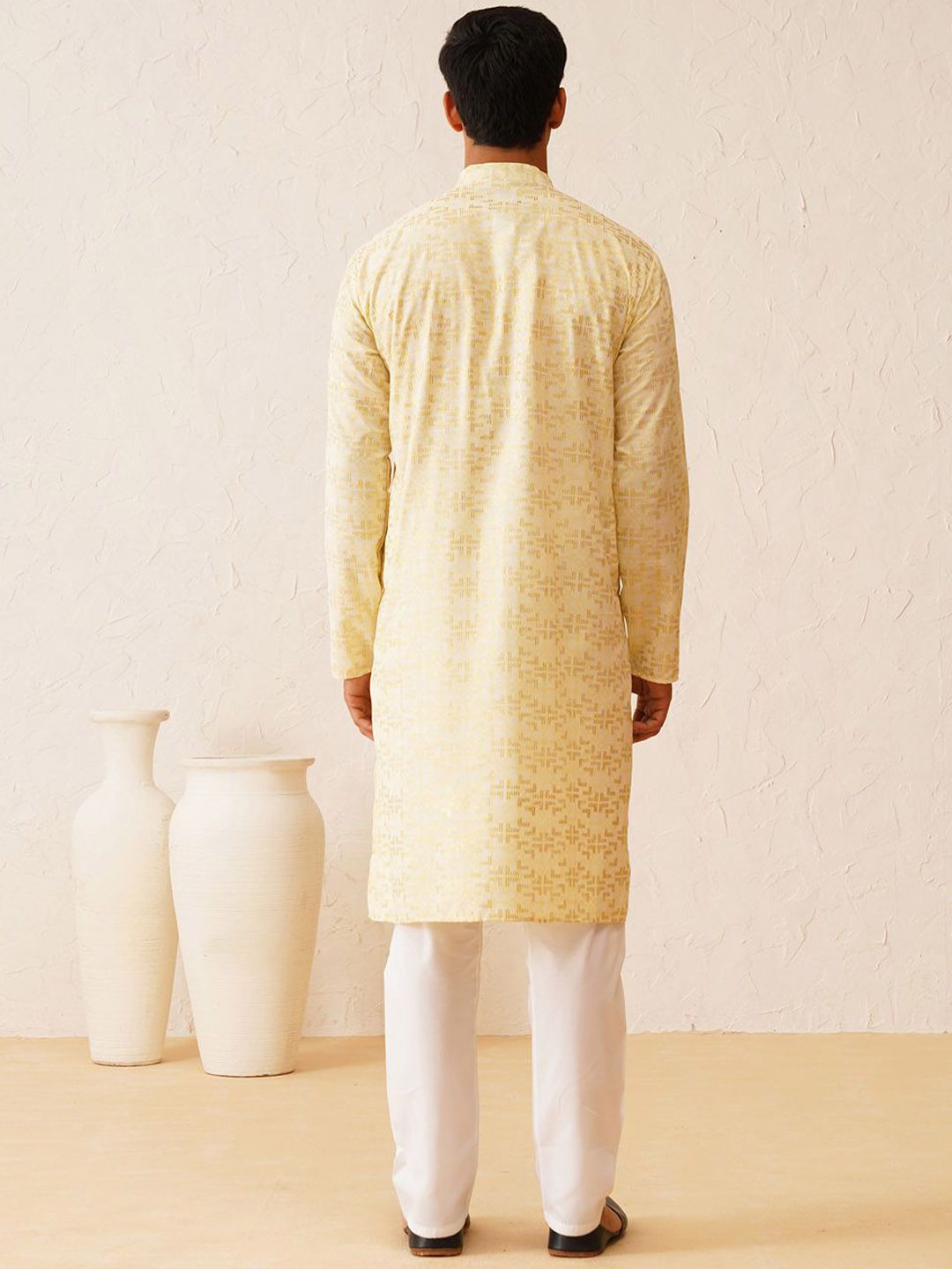 SOJANYA Band Collar Long Sleeves Woven Design Pure Cotton Straight Kurta with Churidar