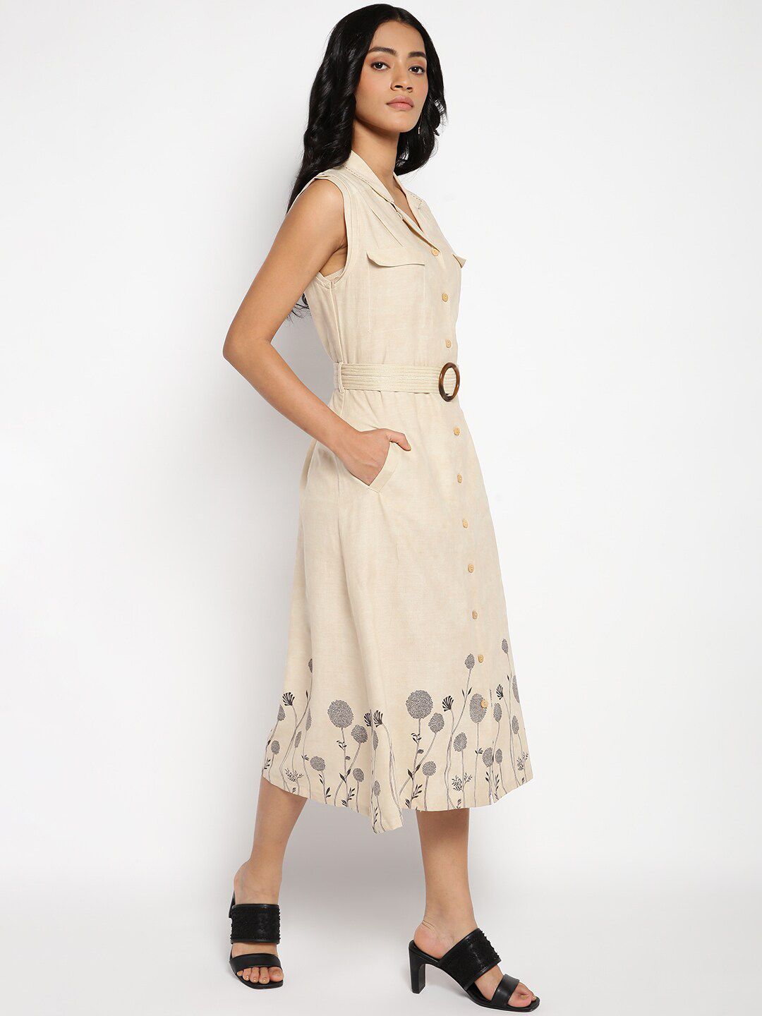 W Women Beige Floral Shirt Style Midi Dress