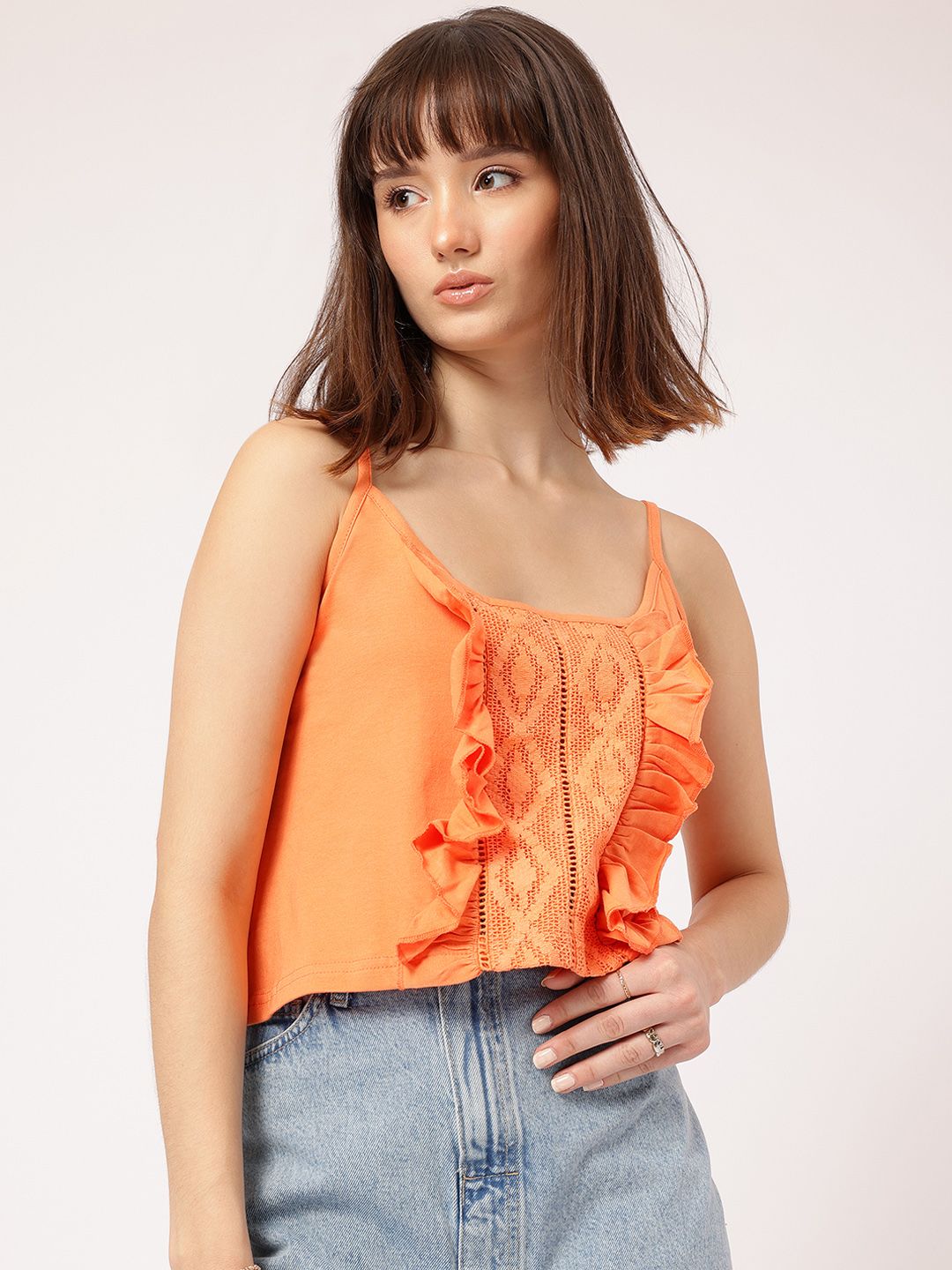 DressBerry Butterfly Bling Shoulder Straps Lace-Inserted Ruffled Crop Top