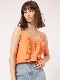 DressBerry Butterfly Bling Shoulder Straps Lace-Inserted Ruffled Crop Top