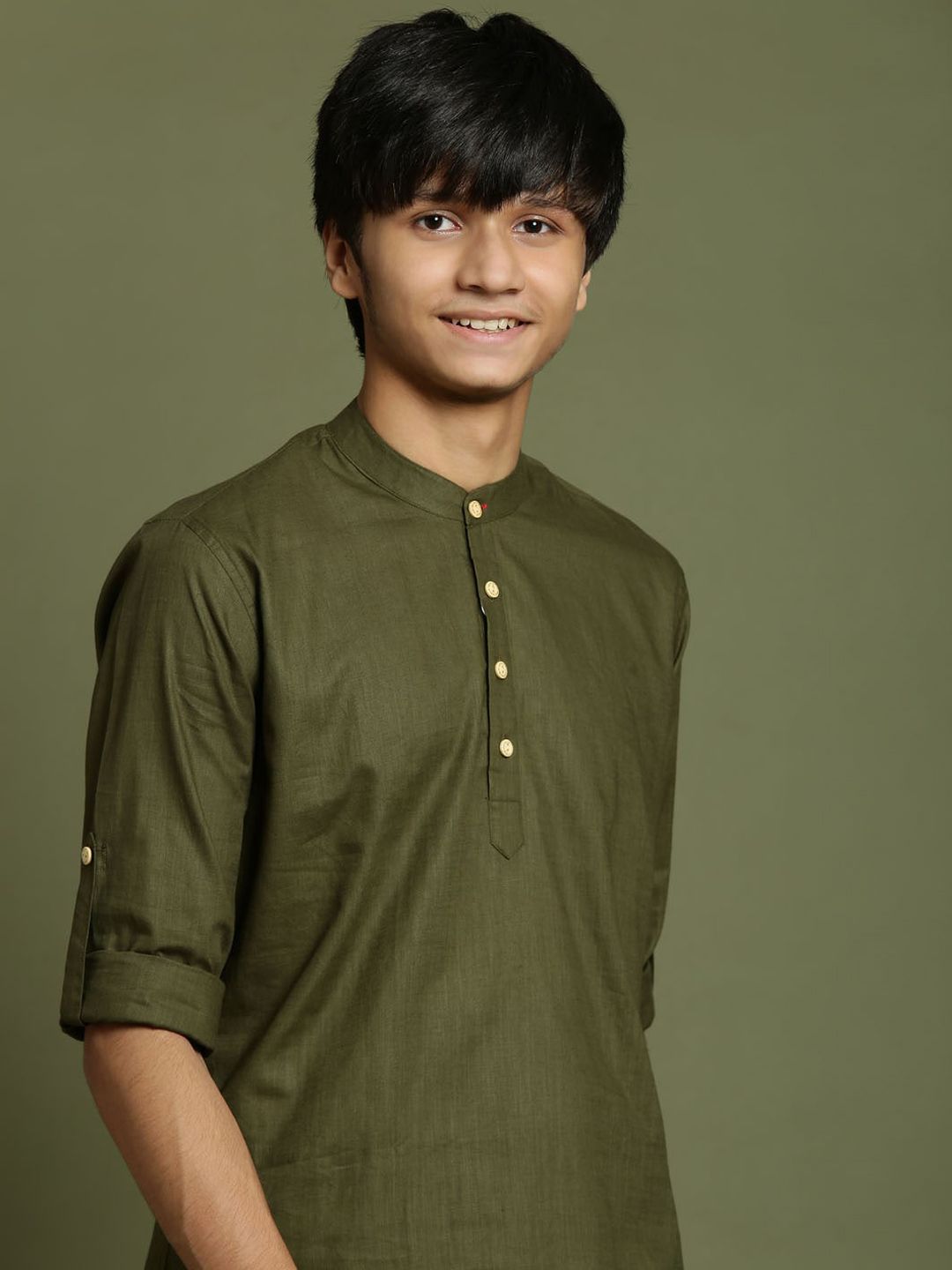VASTRAMAY Boys Band Collar Roll-Up Sleeves Cotton Kurta