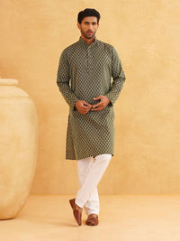 SOJANYA Men Green & Beige Jacquard Silk Kurta