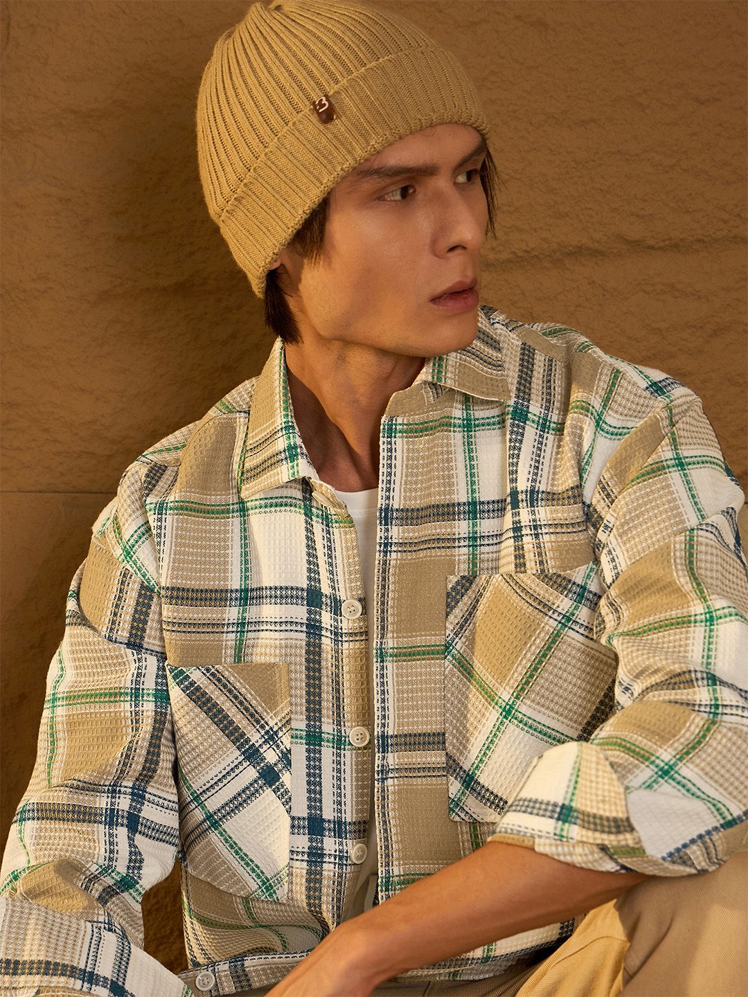DENNISON Men Double Pocket Drop Shoulder Oversized Cotton Checked Shacket