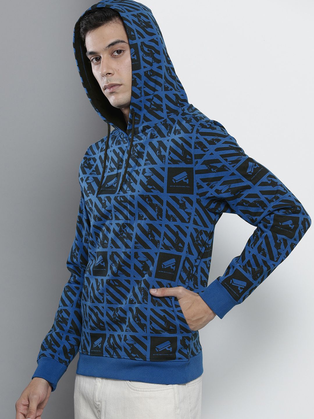 The Indian Garage Co Men Blue & Black Printed Hooded Sweatshirt